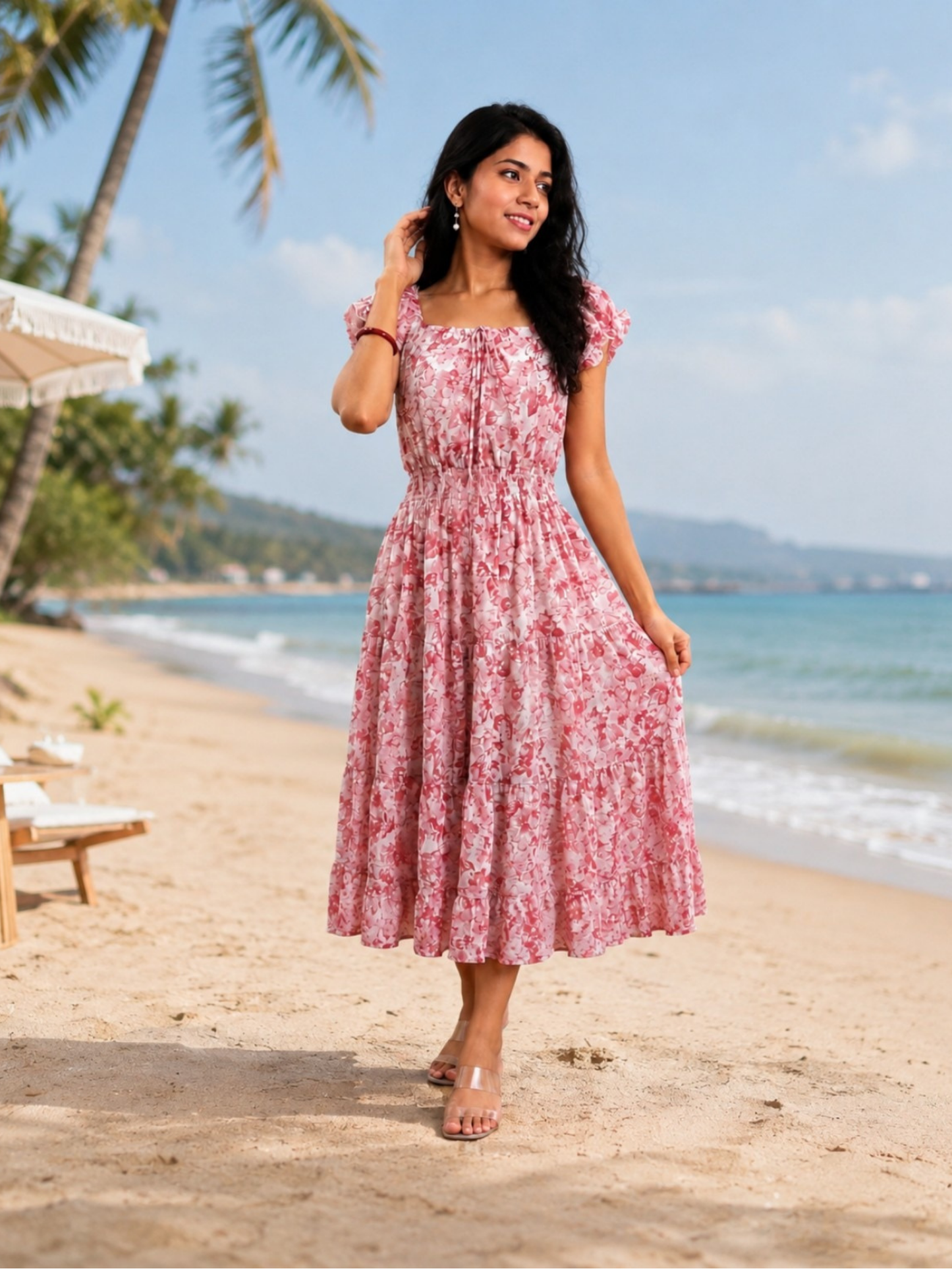 Pink Floral Ruffle-Strap Midi Dress