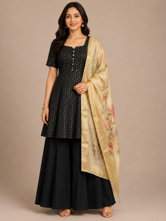 Flared Kurti, Umbrella Sharara & Floral Dupatta Set