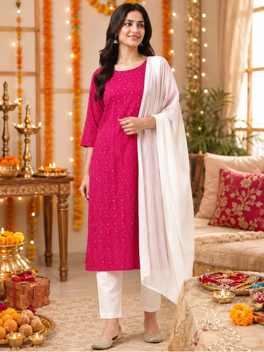 Women's Pink Printed Kurta, White Straight Pant