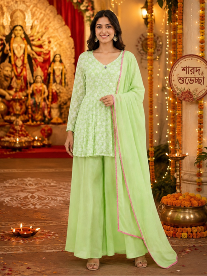 Women's Printed Flared Top, Wide-Leg Palazzo & Dupatta Se