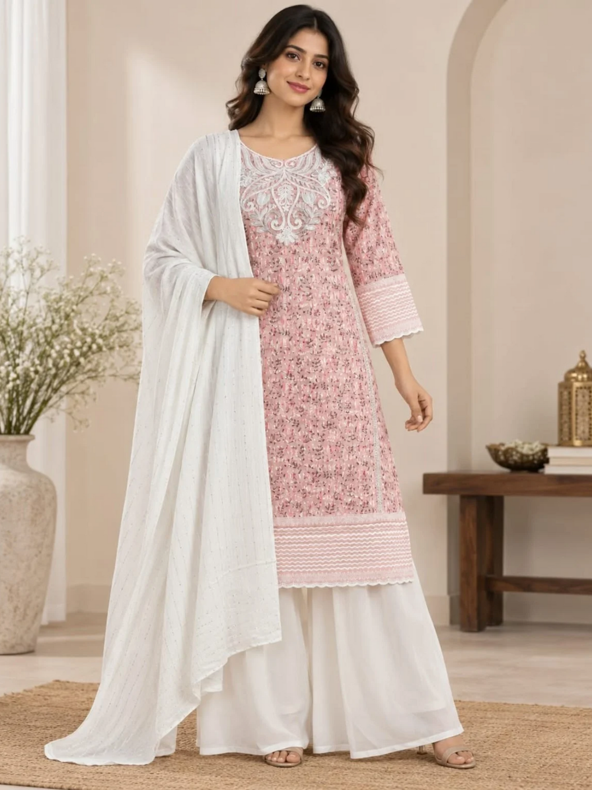 Pink kurti, white palazzo & dupatta set