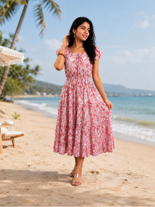 Pink Floral Ruffle-Strap Midi Dress