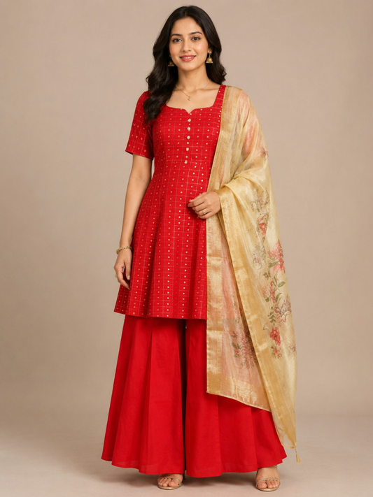 Flared Kurti, Umbrella Sharara & Floral Dupatta Set