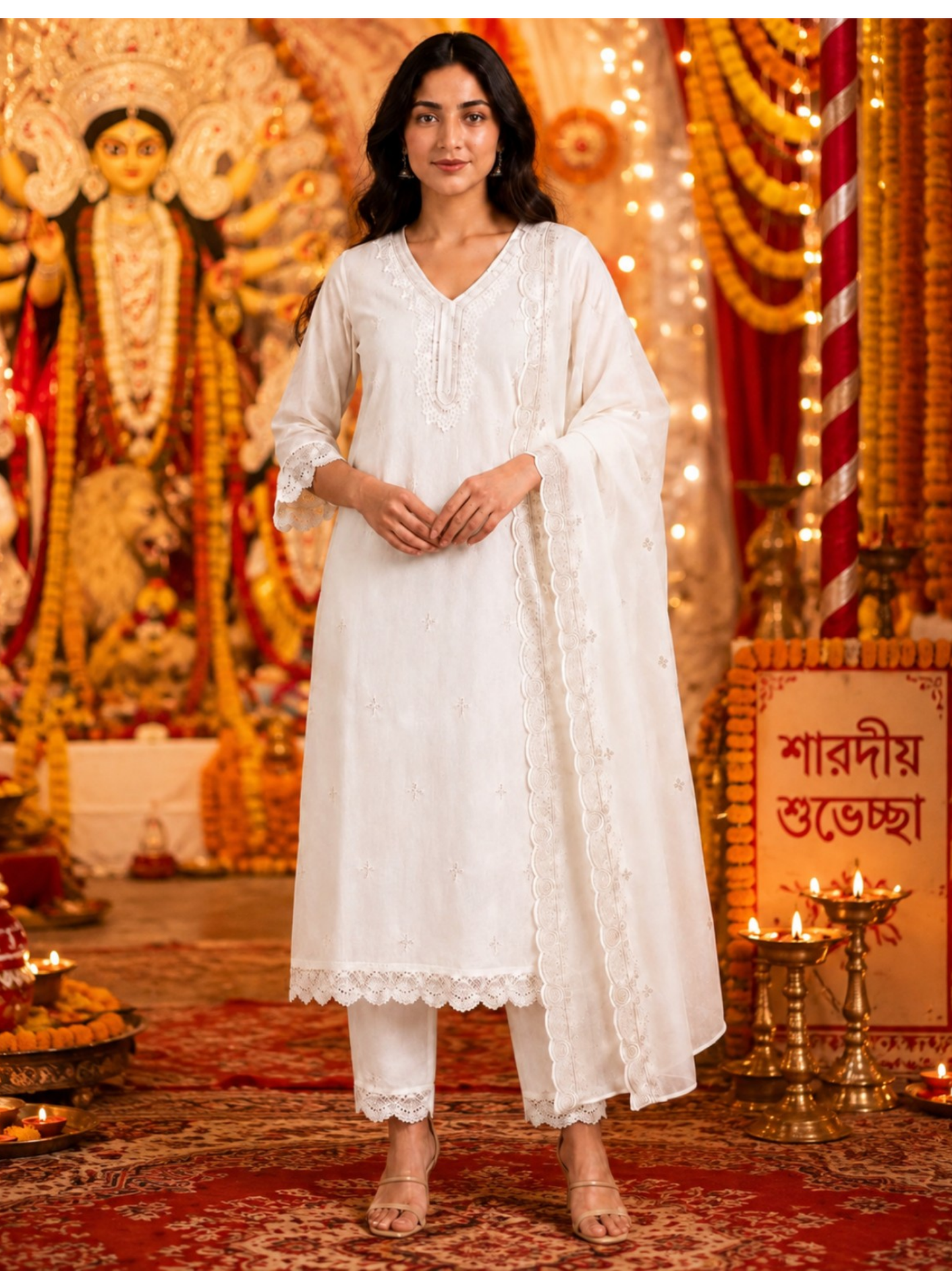 White and Lavender Embroidered Kurta, Straight Pant & Dupatta Variants