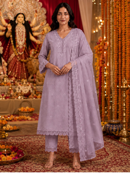 White and Lavender Embroidered Kurta, Straight Pant & Dupatta Variants
